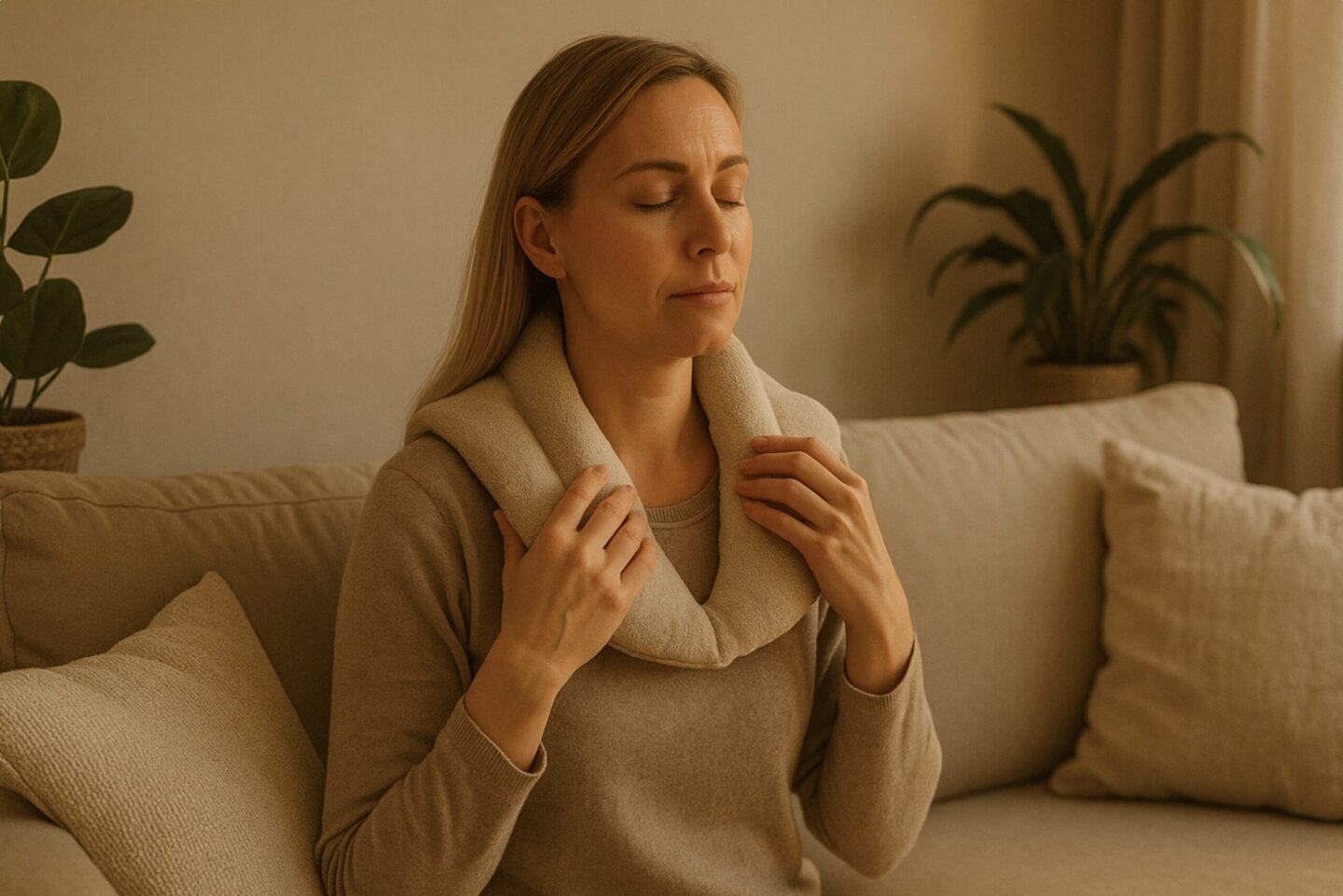 Mutter entspannt abends mit einem warmen Nackenkissen im ruhigen Scandi Wohnzimmer.