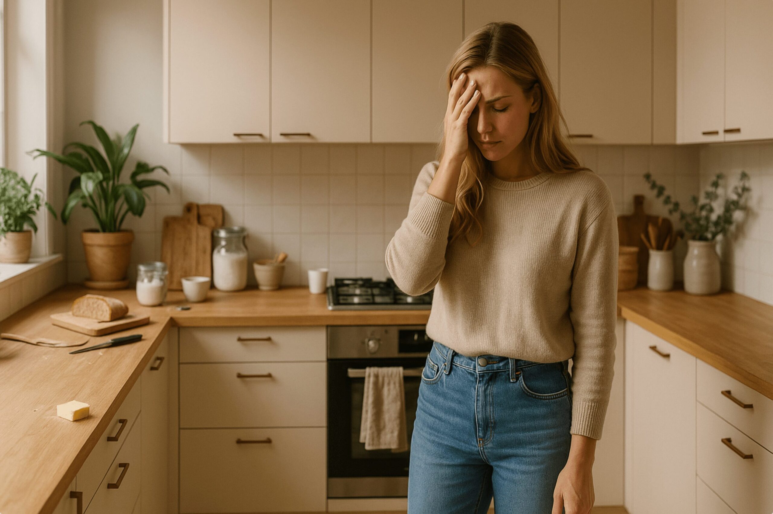 Überforderte Mutter in beige-greiger Küche, Butter liegt auf dem Boden, typische Morgen-Reizüberflutung.