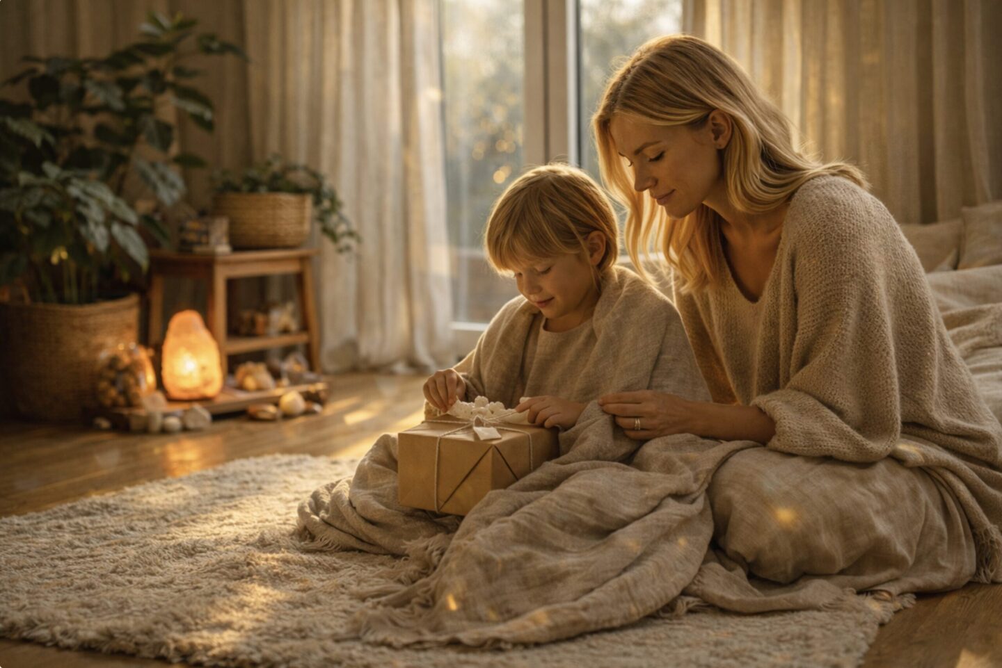 Blonde Mutter sitzt mit ihrem Kind auf einem Leinen-Teppich in einem luxuriösen Kinderzimmer, während das Kind ruhig ein Geschenk auspackt, warmes Sonnenlicht, Salzlampe, Pflanzen und natürliche Materialien schaffen eine entspannte Atmosphäre.