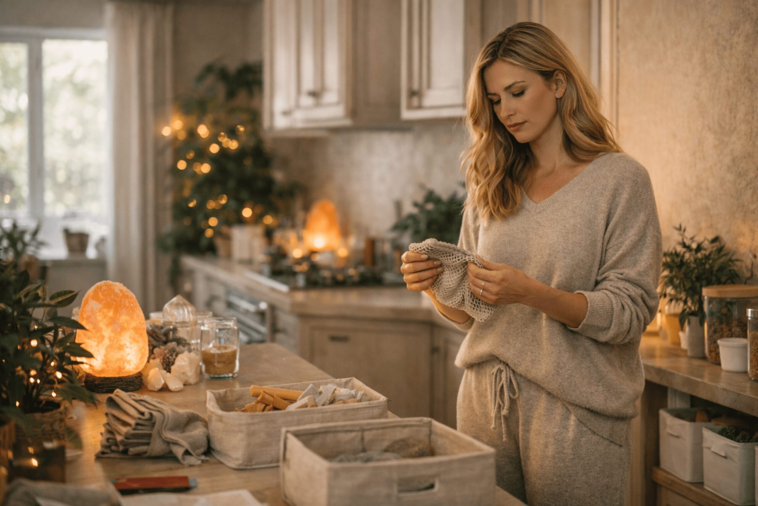 Blonde Frau räumt in der Küche beim Frühjahrsputz auf und sortiert Gegenstände, emotionale Entscheidungen beim Aufräumen, Ordnung und Psyche im Mama-Alltag