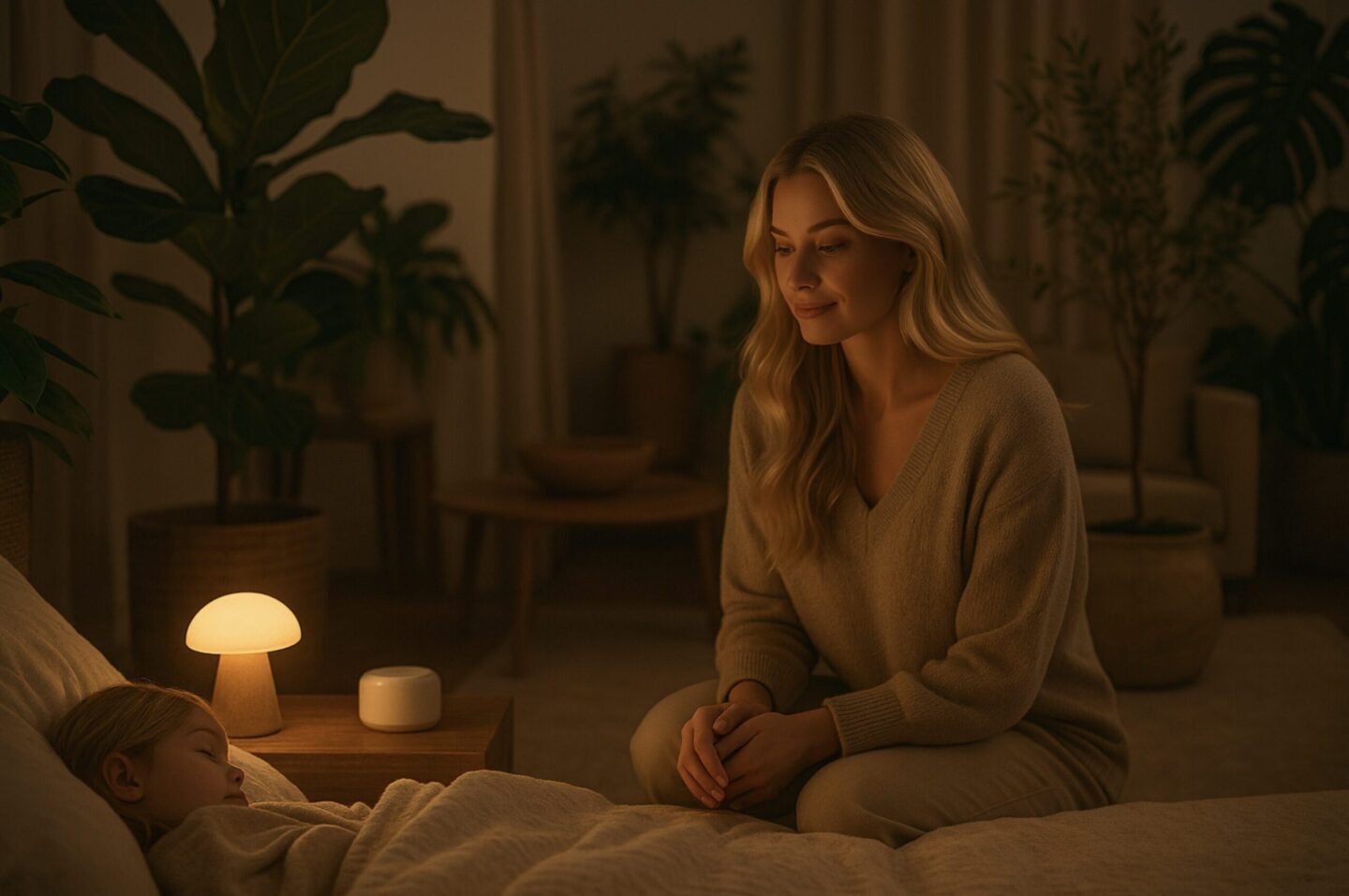Hochsensibles Kind sitzt abends ruhig mit geschlossenen Augen im warm beleuchteten Wohnzimmer, die Mutter im Hintergrund beobachtet es besorgt. Sanfte, sichere Stimmung.