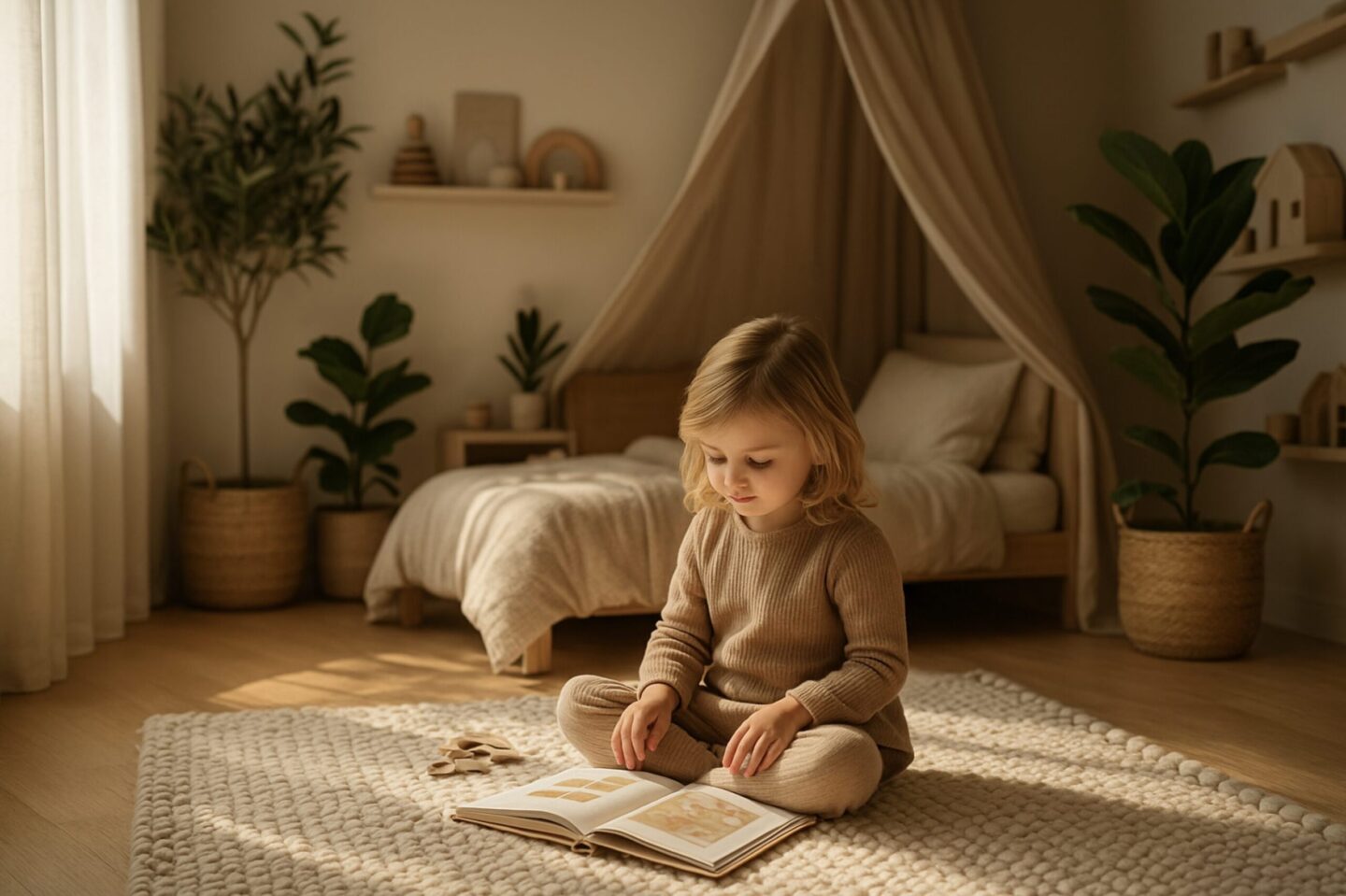 Sensibles Kind sitzt ruhig in einem warmen, beige-greigen Kinderzimmer und blättert in einem Buch. Sanftes Licht, entspannte Stimmung, Reizreduktion und Regulation.