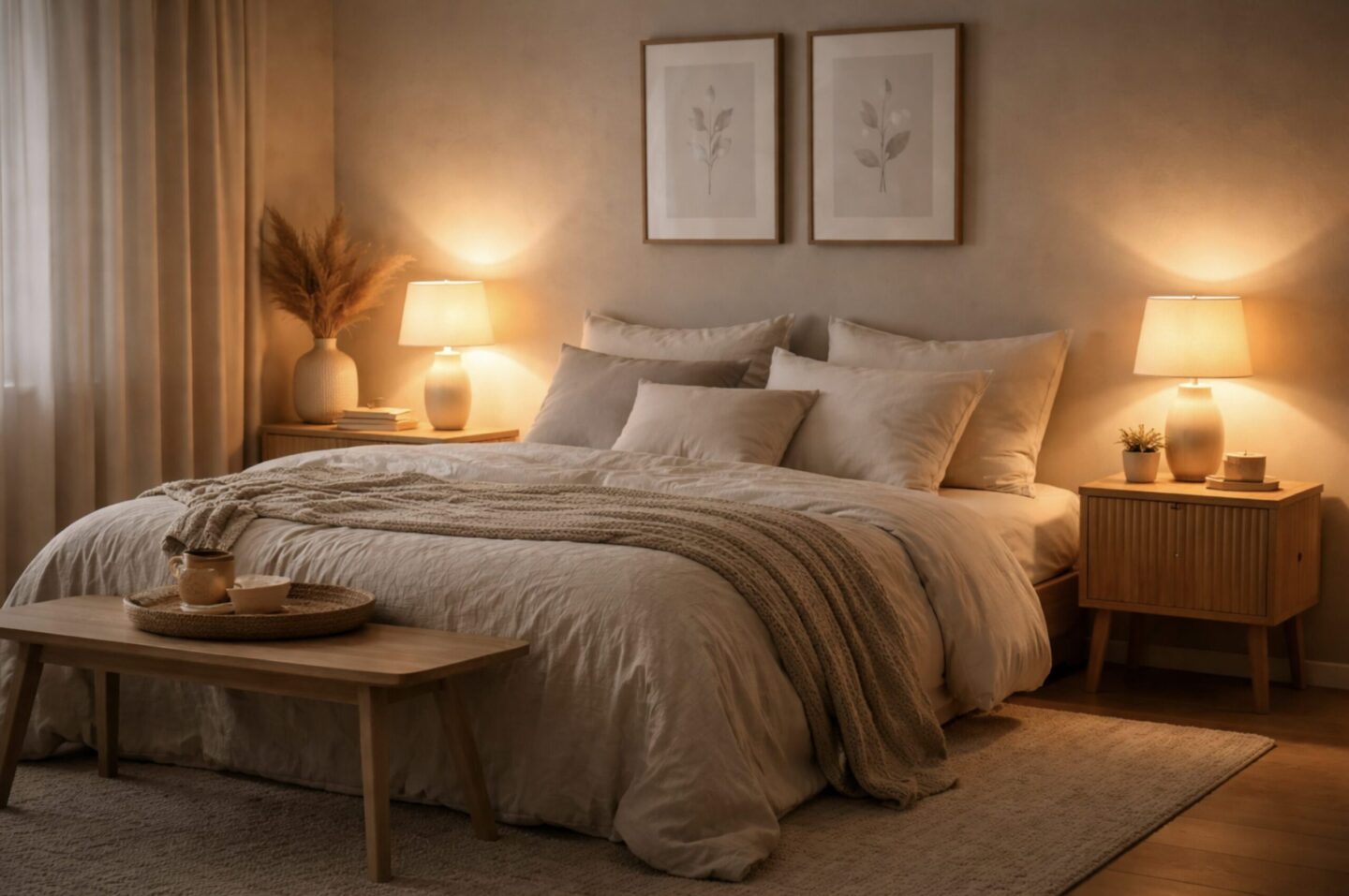 Gemütliches Schlafzimmer mit warmem Licht, neutralen Farben und weicher Bettwäsche für besseren Schlaf