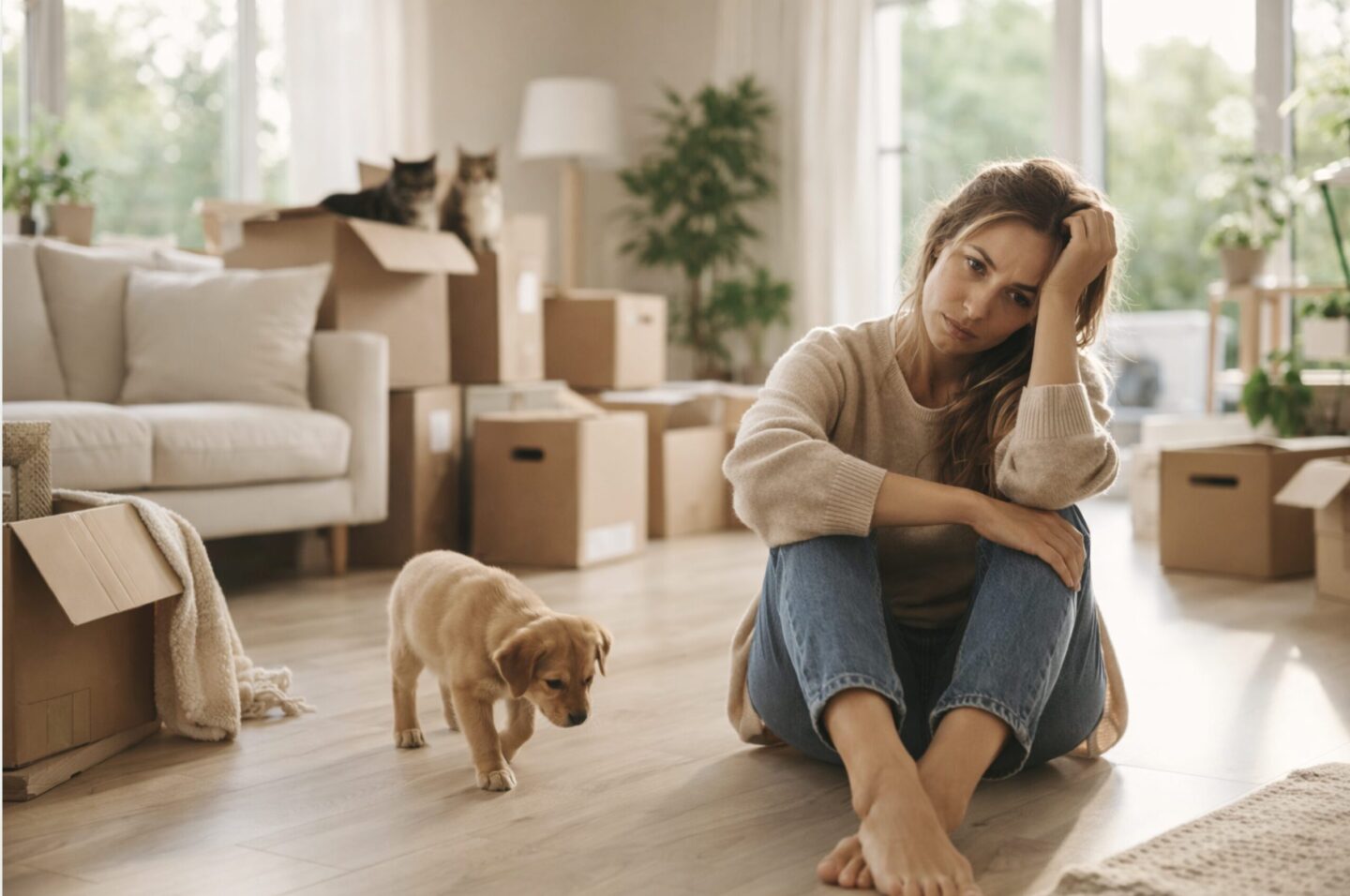 Frau sitzt erschöpft zwischen Umzugskartons