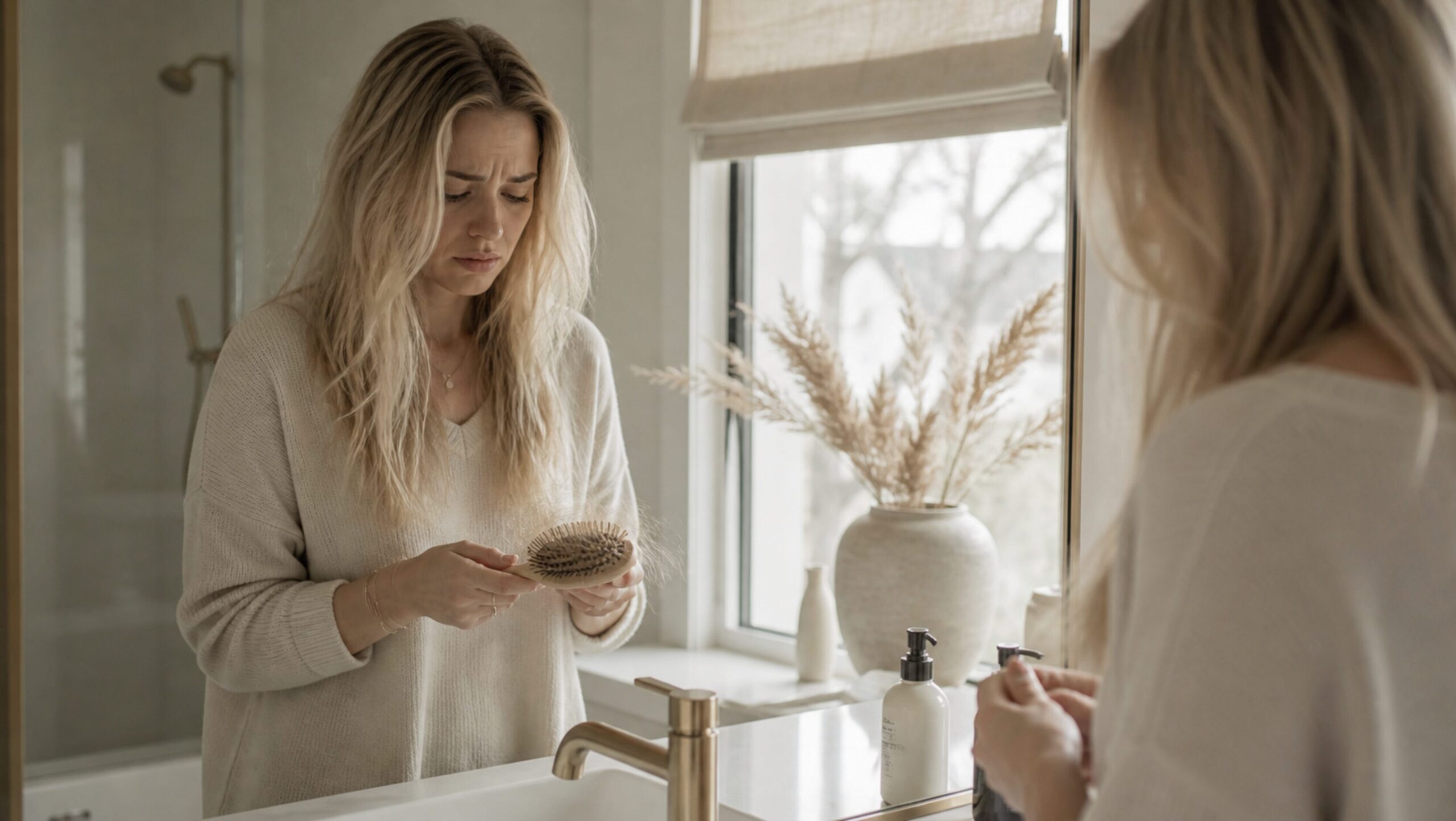 Mama schaut besorgt auf ihre Haarbürste und bemerkt starken Haarausfall im Badezimmer