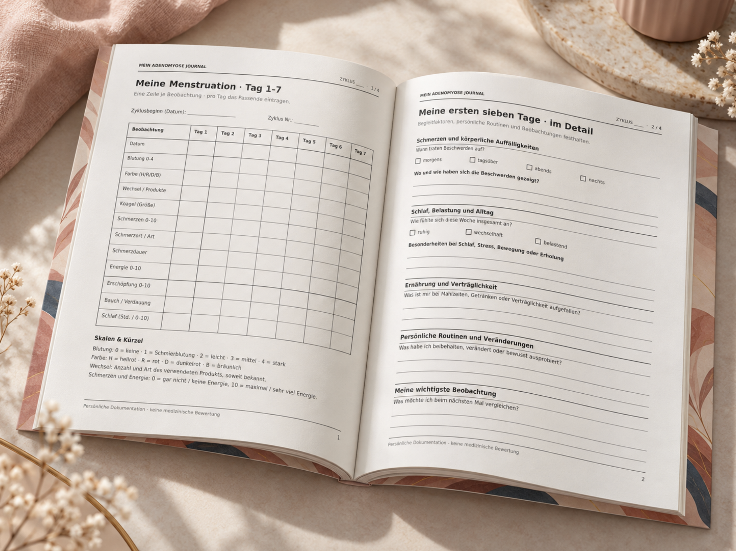 Beispielseiten des Journals: Übersicht der Menstruationstage 1 bis 7 und Detailseite