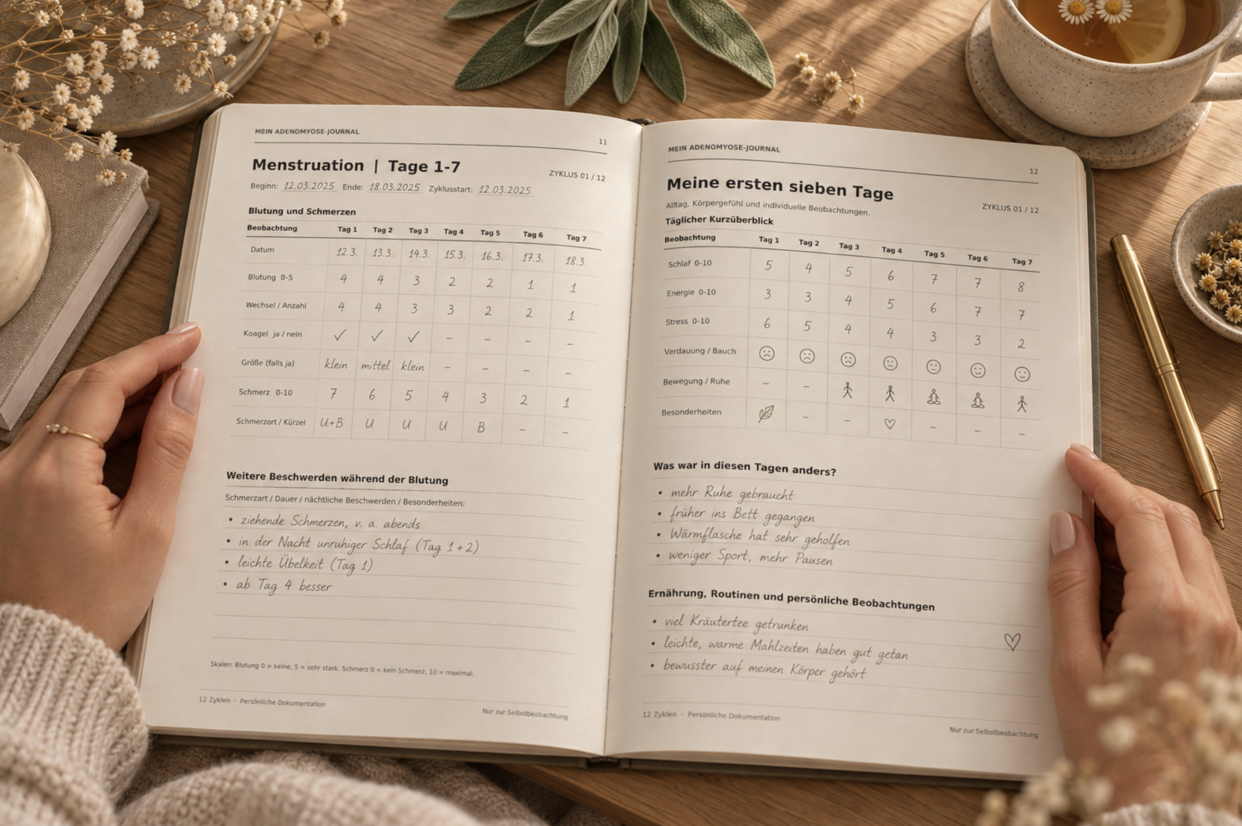 Offenes Notizbuch mit Notizen und Tasse Tee, Adenomyose Tagebuch